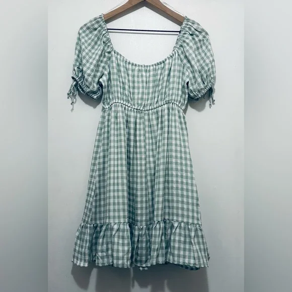 NWT Thirty/Thirty LA Green & White Gingham Dress, Babydoll Mini Dress, Medium - Picture 2 of 15